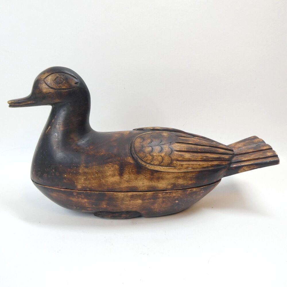 Hand Carved Wooden Duck Box Made in Ghana Vintage Brown